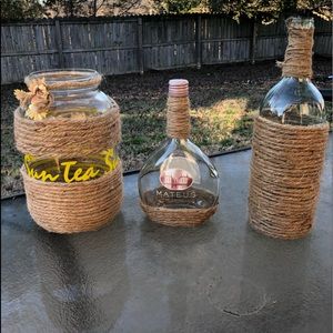 3 glass jars  wrapped with twine
